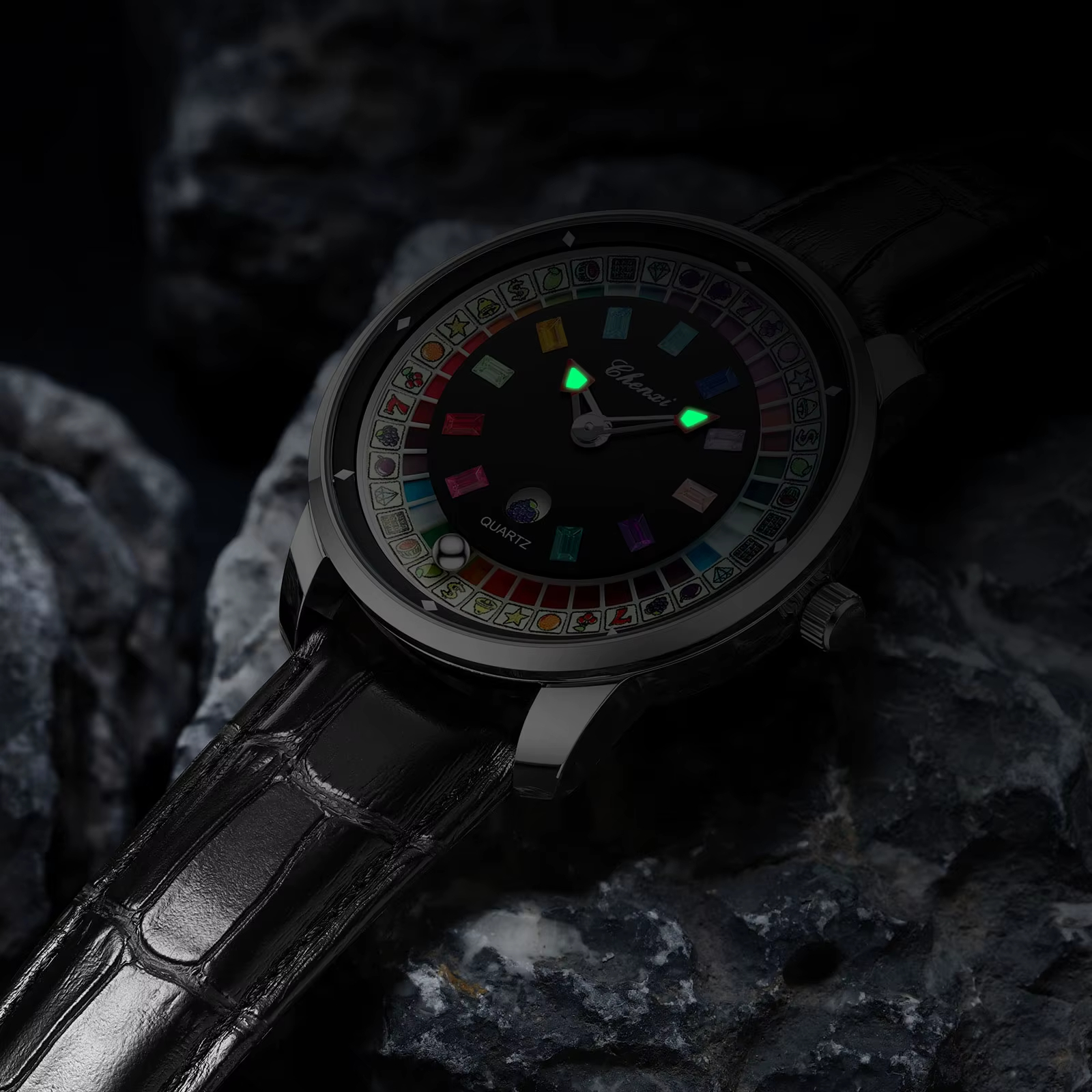 Bunnykachu Men's Luxury Quartz Watch with Colorful Rotating Dial & Stainless Steel Case