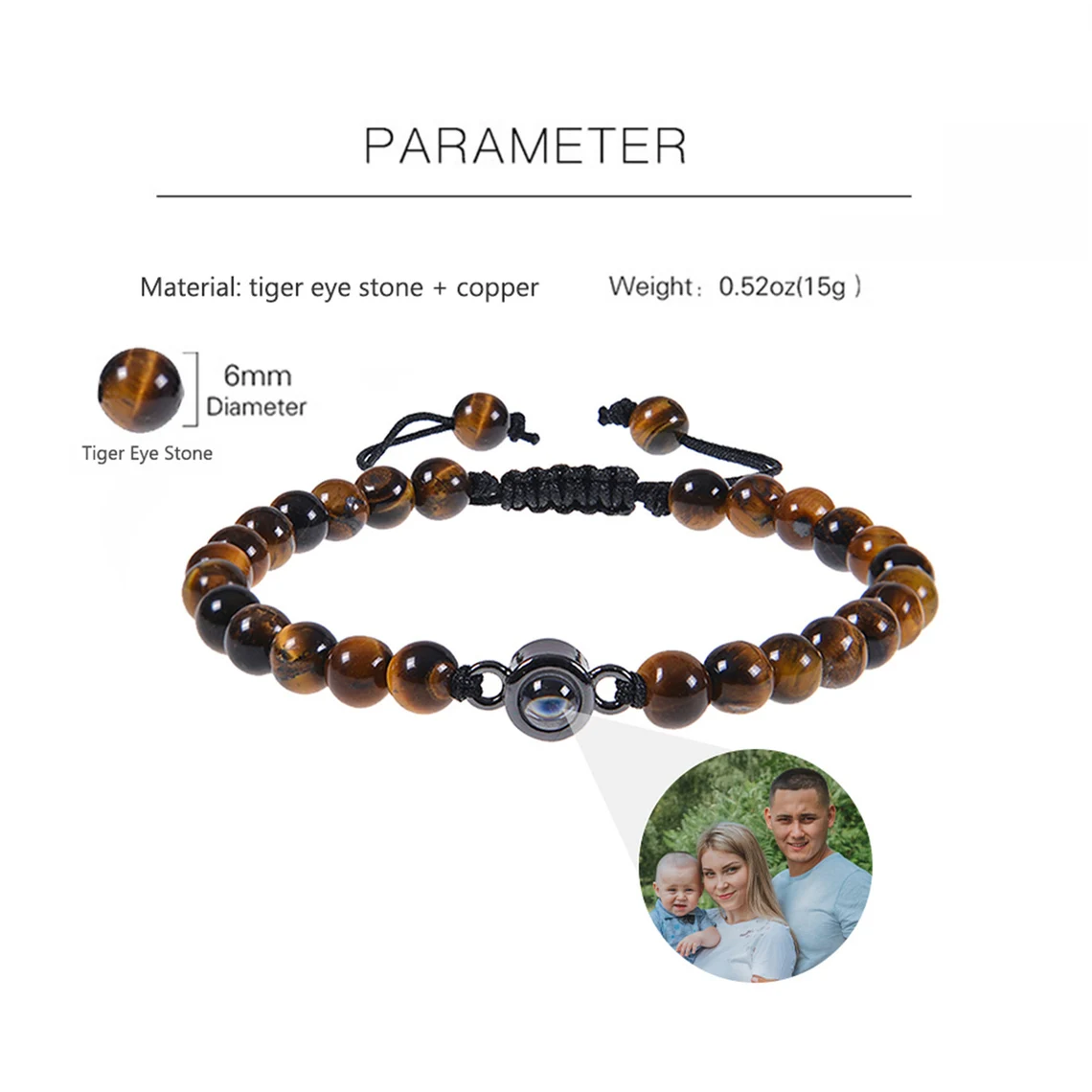 Personalized Tiger’s Eye Projection Bracelet – Adjustable Unisex Photo Jewelry