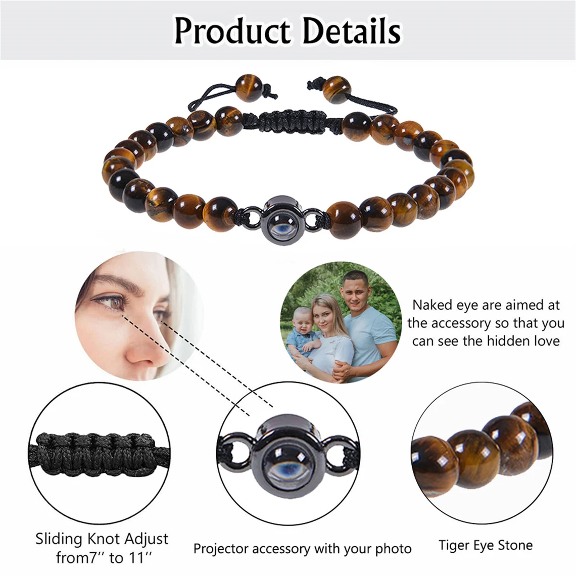 Personalized Tiger’s Eye Projection Bracelet – Adjustable Unisex Photo Jewelry