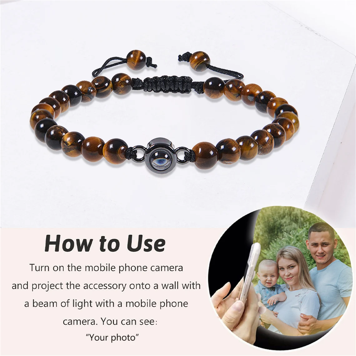 Personalized Tiger’s Eye Projection Bracelet – Adjustable Unisex Photo Jewelry