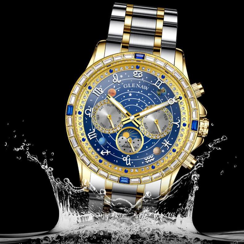 Luxury Automatic Mechanical Watch with 12 Zodiac Dial, Gem-Set Steel Case