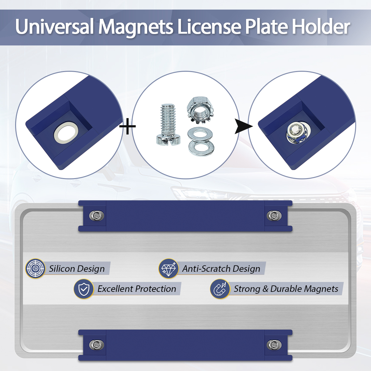 WFPOWER Magnetic License Plate Holder, 2 Pack Rubber Coated Protection Dealer Test Driving Plate Holder Blue Demo Tag Magnet Bar License Plate Holder No Drill for Car with Screws