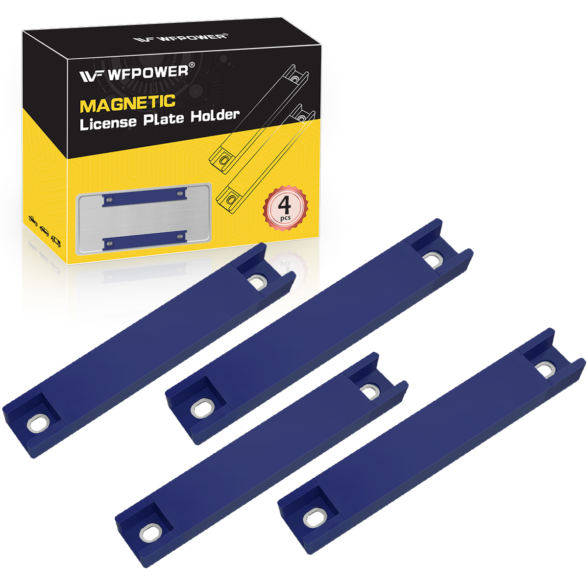 WFPOWER 4 Pack Magnetic License Plate Holder, Dealer Demo Tag Test Drives Rubber Coated Strong Magnetic Protection Magnets BAR Holder for Number Plate Temp Tag Secure No Drill Solution for Car Truck