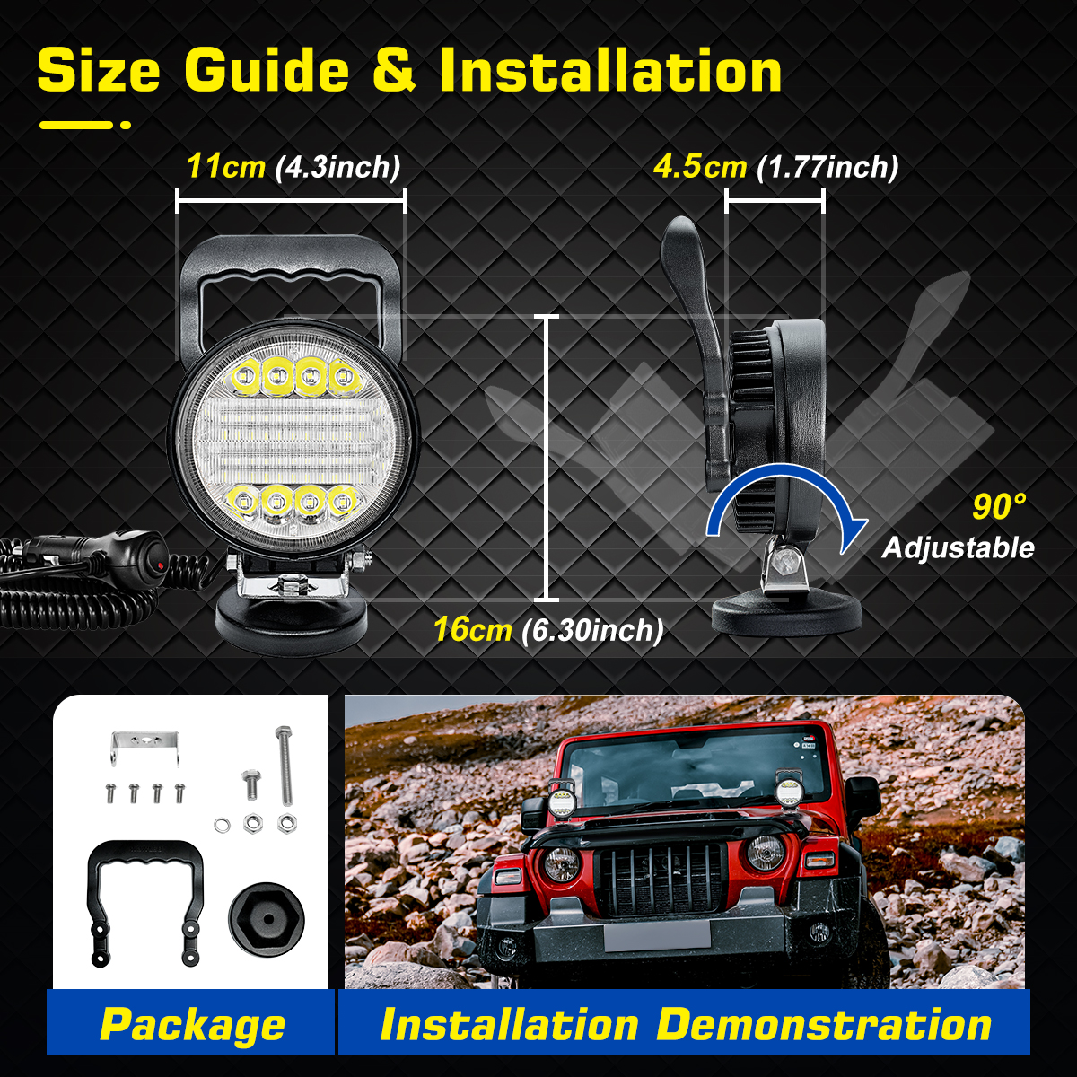 WOWLED Magnetic LED Work Light Bar 12V, 72W Combo Beam Portable Base Pod With Car Cigarette Plug & ON/OFF Switch for SUV Truck RV Boat 4x4 Camping