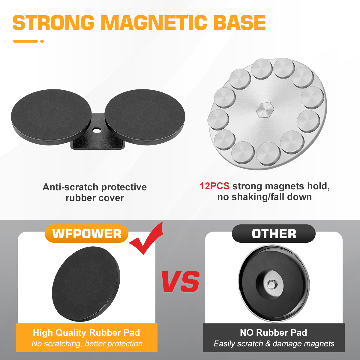 WFPOWER 2 Pack Strong Magnet Base Bracket for Light Bar, Powerful Magnetic Mounting Bracket with Rubber Pad for Work Light, LED Light Magnetic Mount Holder for Off-Road Driving Lamp, Roof Light Bar