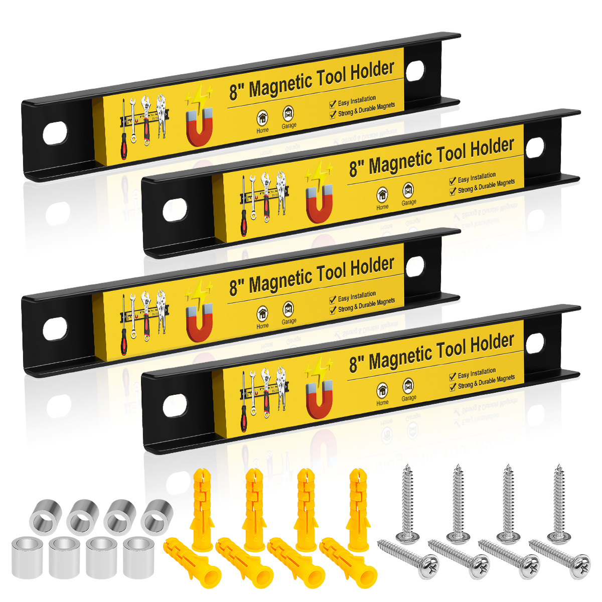 4 Pack 8 Inch Magnetic Tool Organisers, Heavy Duty Tool Magnet Bar Wall Mount Spanner Rack Organizer Magnetic Tool Holder, Screwdrivers Magnetic Tray Tool Storage Organiser Strip For Garage Workshop