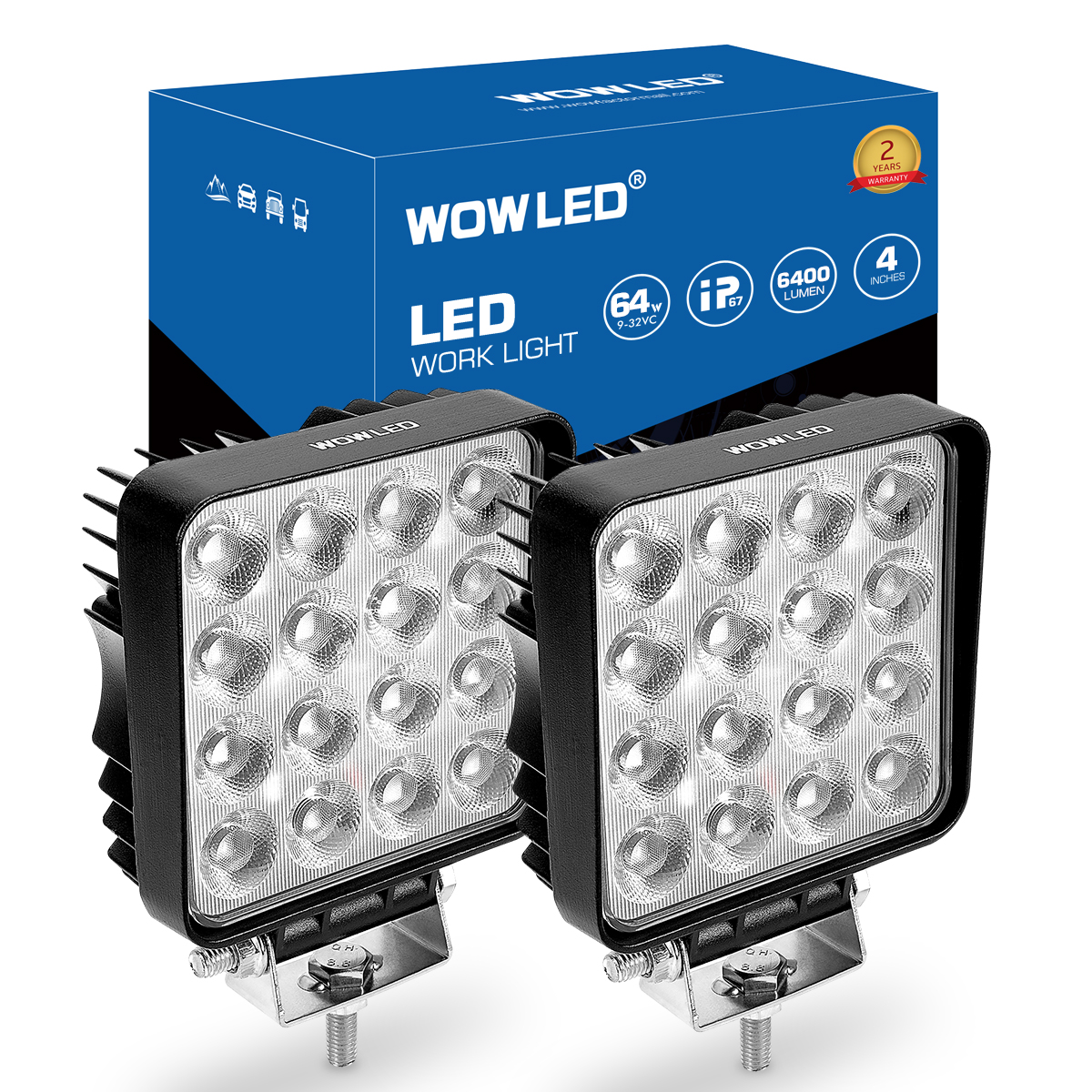 WOWLED Square LED Work Light 12V, 2 Pack 64W 12V 4X4 LED Spotlight, Waterproof Car Flood Beam Light LED Work Lights for Tractors, Car Spot Light for Offroad Driving, Boat Camper, Truck 24V