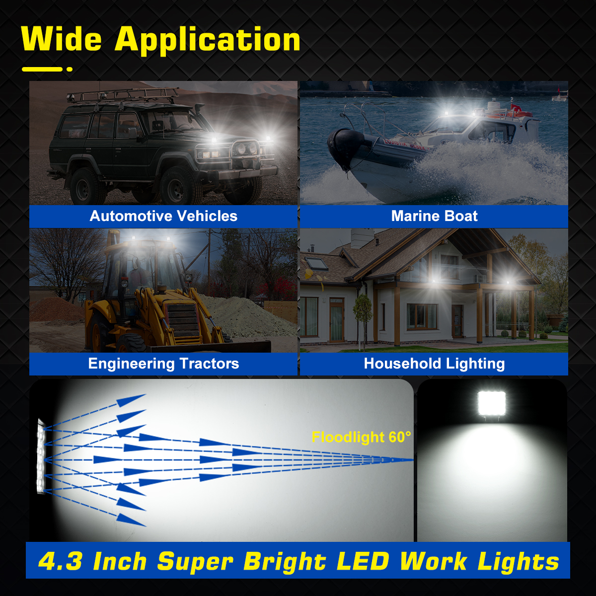 WOWLED Square LED Work Light 12V, 2 Pack 64W 12V 4X4 LED Spotlight, Waterproof Car Flood Beam Light LED Work Lights for Tractors, Car Spot Light for Offroad Driving, Boat Camper, Truck 24V