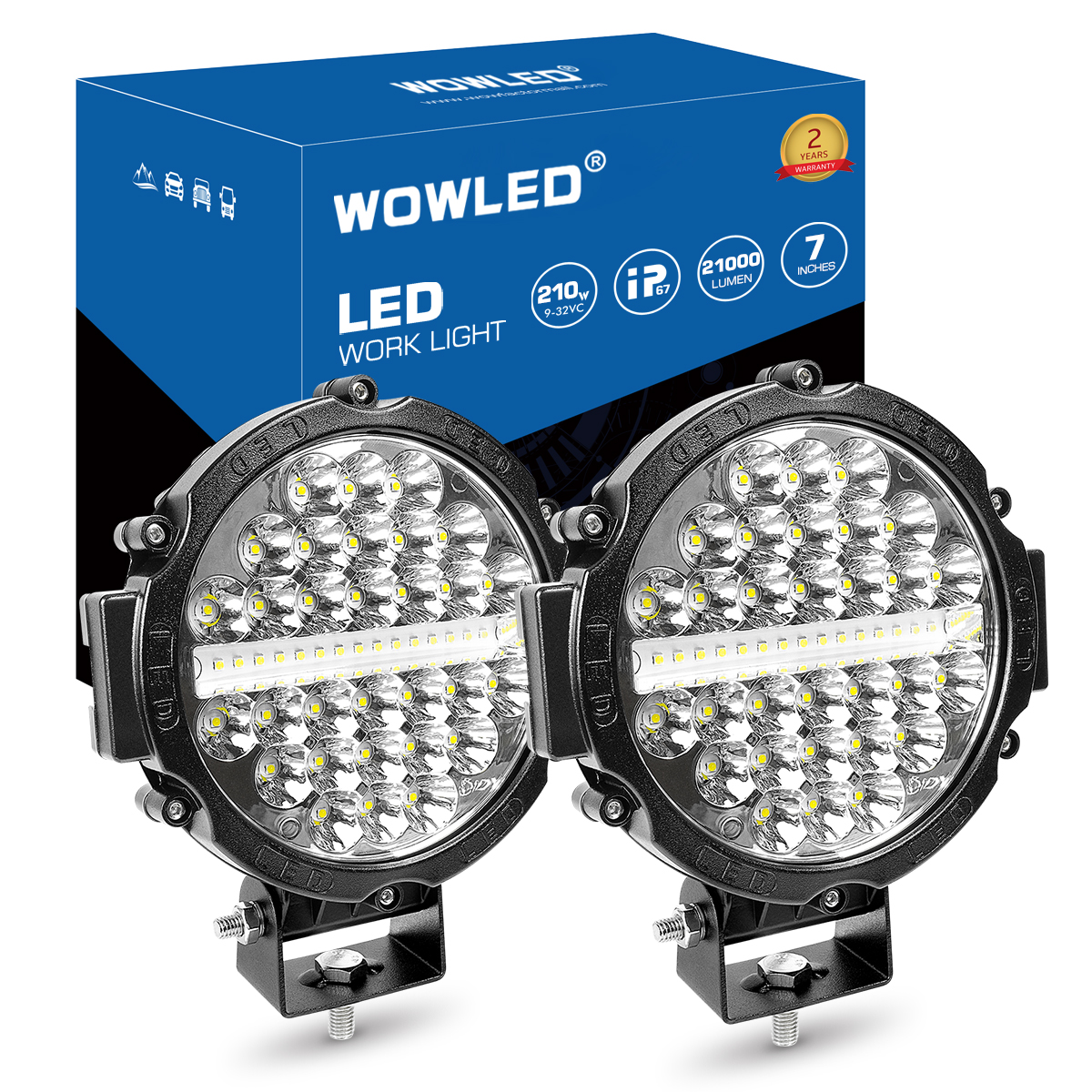 WOWLED 7 Inch Round Off Road Lights, 2 Pack LED Work Light 12V Offroad Car LED Spot Driving Lights 21000LM Pair, Truck ATV UTV RV Car Fog Tractors Spotlights Combo Beam 4x4 12V 24V