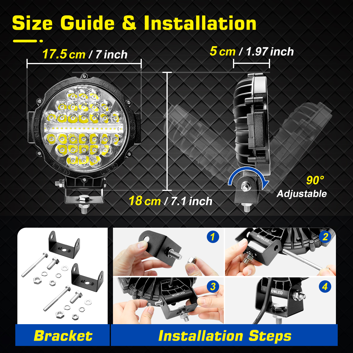 WOWLED 7 Inch Round Off Road Lights, 2 Pack LED Work Light 12V Offroad Car LED Spot Driving Lights 21000LM Pair, Truck ATV UTV RV Car Fog Tractors Spotlights Combo Beam 4x4 12V 24V