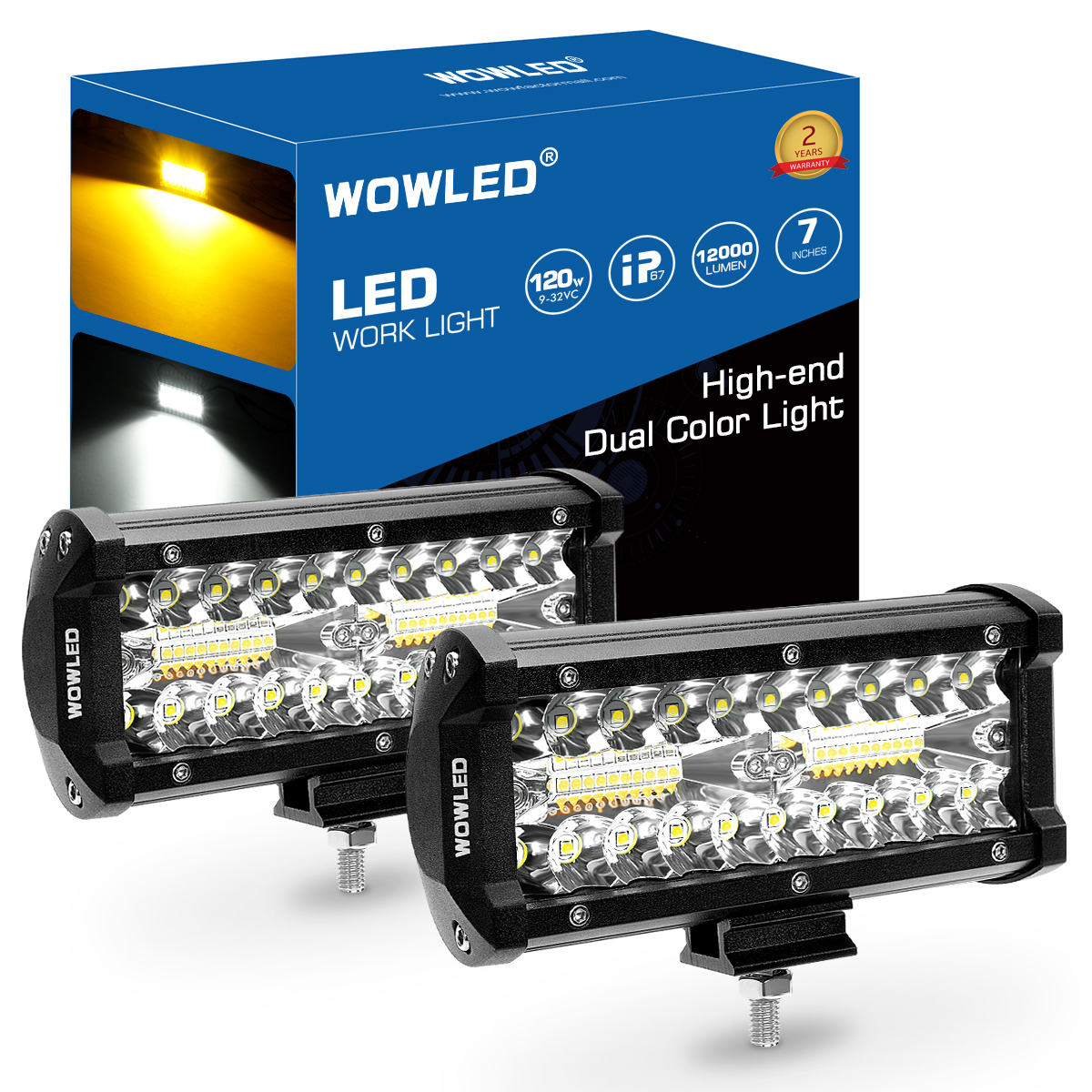 WOWLED 2 Pack 7" LED Light Bar, 12V Spotlights White and Amber Dual Color Offroad Driving Lights Work Bar, Waterproof light bar for 4x4 Combo Beam LED Bar Lights for Car Boat Camp Light Truck 4x4