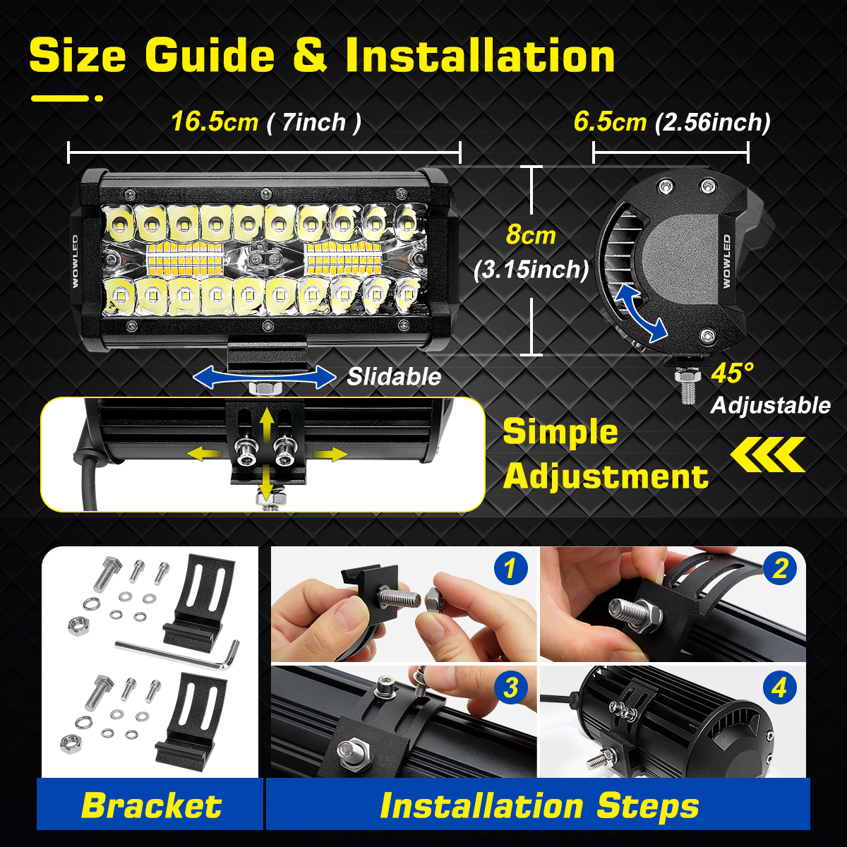 WOWLED 2 Pack 7" LED Light Bar, 12V Spotlights White and Amber Dual Color Offroad Driving Lights Work Bar, Waterproof light bar for 4x4 Combo Beam LED Bar Lights for Car Boat Camp Light Truck 4x4