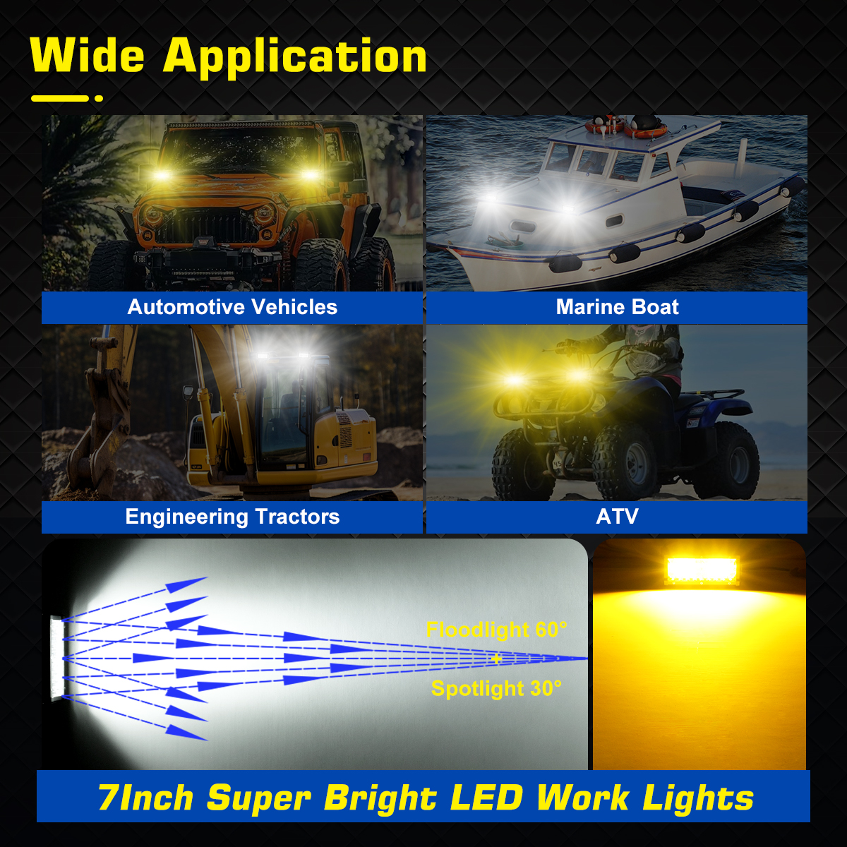 WOWLED 2 Pack 7" LED Light Bar, 12V Spotlights White and Amber Dual Color Offroad Driving Lights Work Bar, Waterproof light bar for 4x4 Combo Beam LED Bar Lights for Car Boat Camp Light Truck 4x4