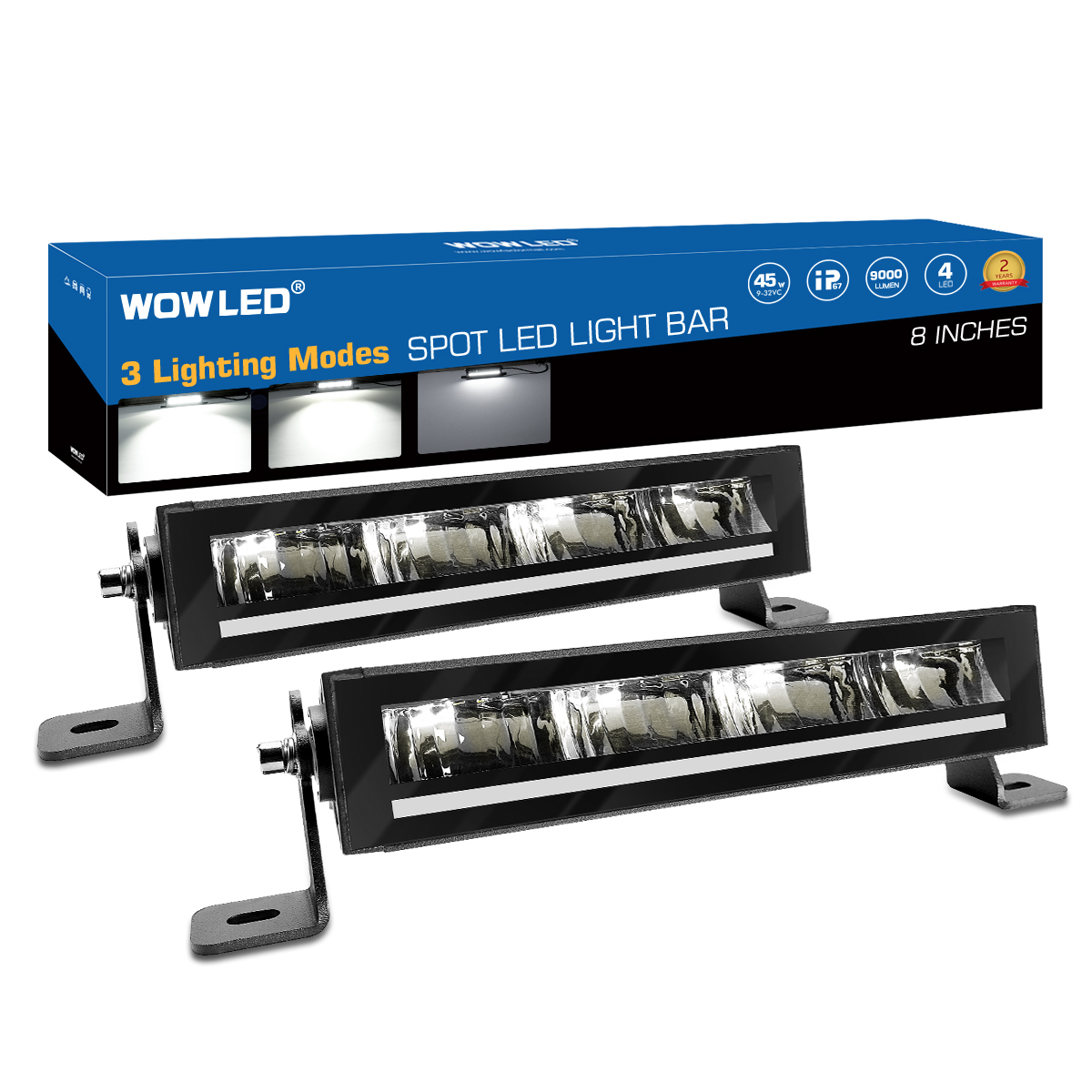 WOWLED 8 Inch Single Row LED Light Bar, 2 Pack High-end 45W LED Offroad Driving Spot Beam with DRL Function, Super Bright Off road Foglight Work Lights for Pickup Truck SUV ATV UTV Boat 4X4 12V 24V