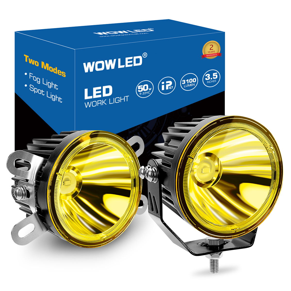 WOWLED 3.5 Inch Amber LED Spotlight Fog Light, 2 Pack Super Bright 50W LED Off Road Lights Spot Beam Lights Waterproof Driving LED Work Lights Bar for Truck Car ATV SUV Motorcycle Boat 12V 24V 4x4