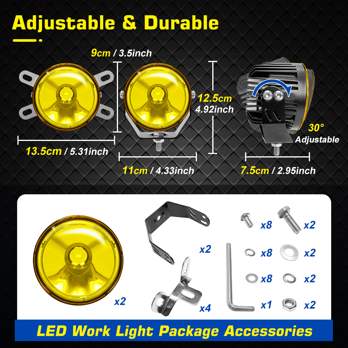 WOWLED 3.5 Inch Amber LED Spotlight Fog Light, 2 Pack Super Bright 50W LED Off Road Lights Spot Beam Lights Waterproof Driving LED Work Lights Bar for Truck Car ATV SUV Motorcycle Boat 12V 24V 4x4