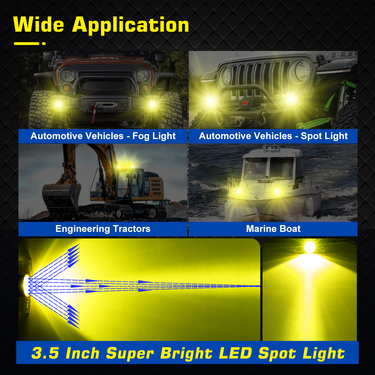WOWLED 3.5 Inch Amber LED Spotlight Fog Light, 2 Pack Super Bright 50W LED Off Road Lights Spot Beam Lights Waterproof Driving LED Work Lights Bar for Truck Car ATV SUV Motorcycle Boat 12V 24V 4x4