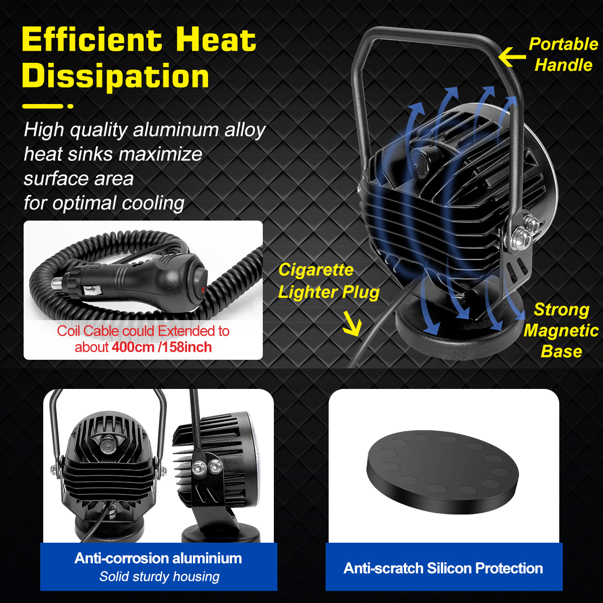 WOWLED 12V 50W 3.5 Inch Round Magnetic LED Work Light with Spotlight, Cigarette Lighter Plug, Portable, White, Aluminum Alloy, Modern Style