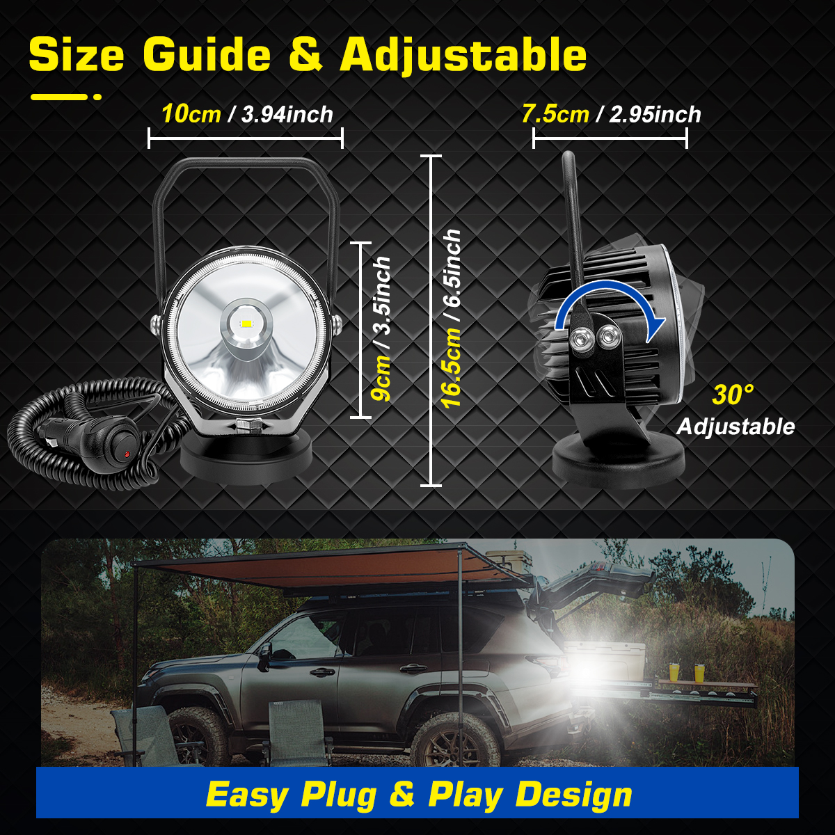 WOWLED 12V 50W 3.5 Inch Round Magnetic LED Work Light with Spotlight, Cigarette Lighter Plug, Portable, White, Aluminum Alloy, Modern Style