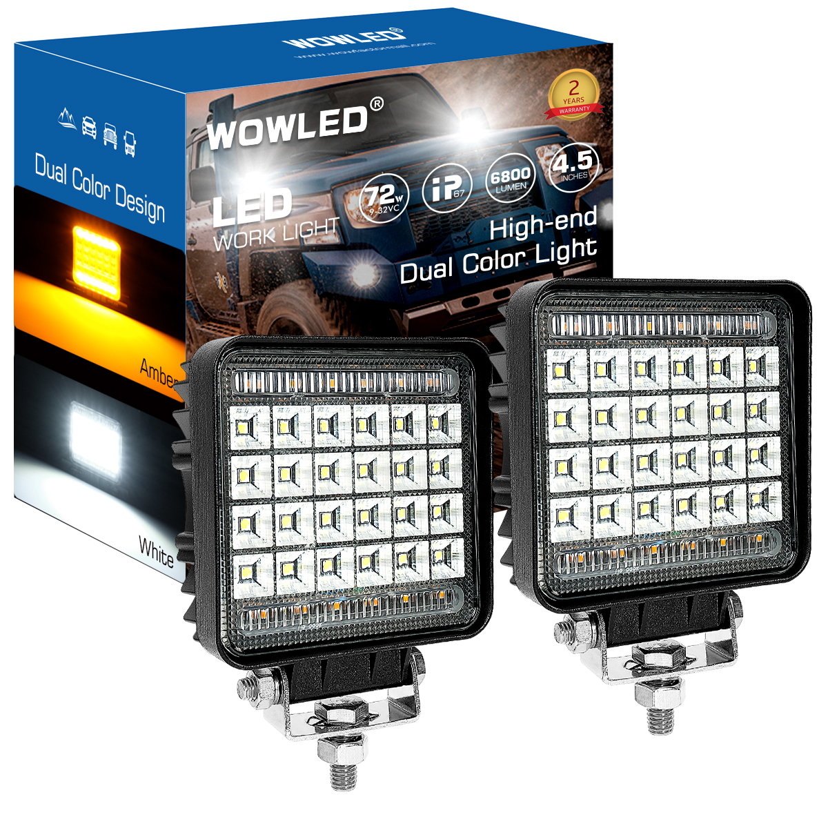 WOWLED Dual Color Square Work Light, 2 Pack 4.5 Inch 72W White and Amber Dual Color Offroad Driving LED Work Lights 4x4, Flood Spot Combo Beam Off-road Driving Lamp for Truck SUV UTE 4WD Boat 12V 24V