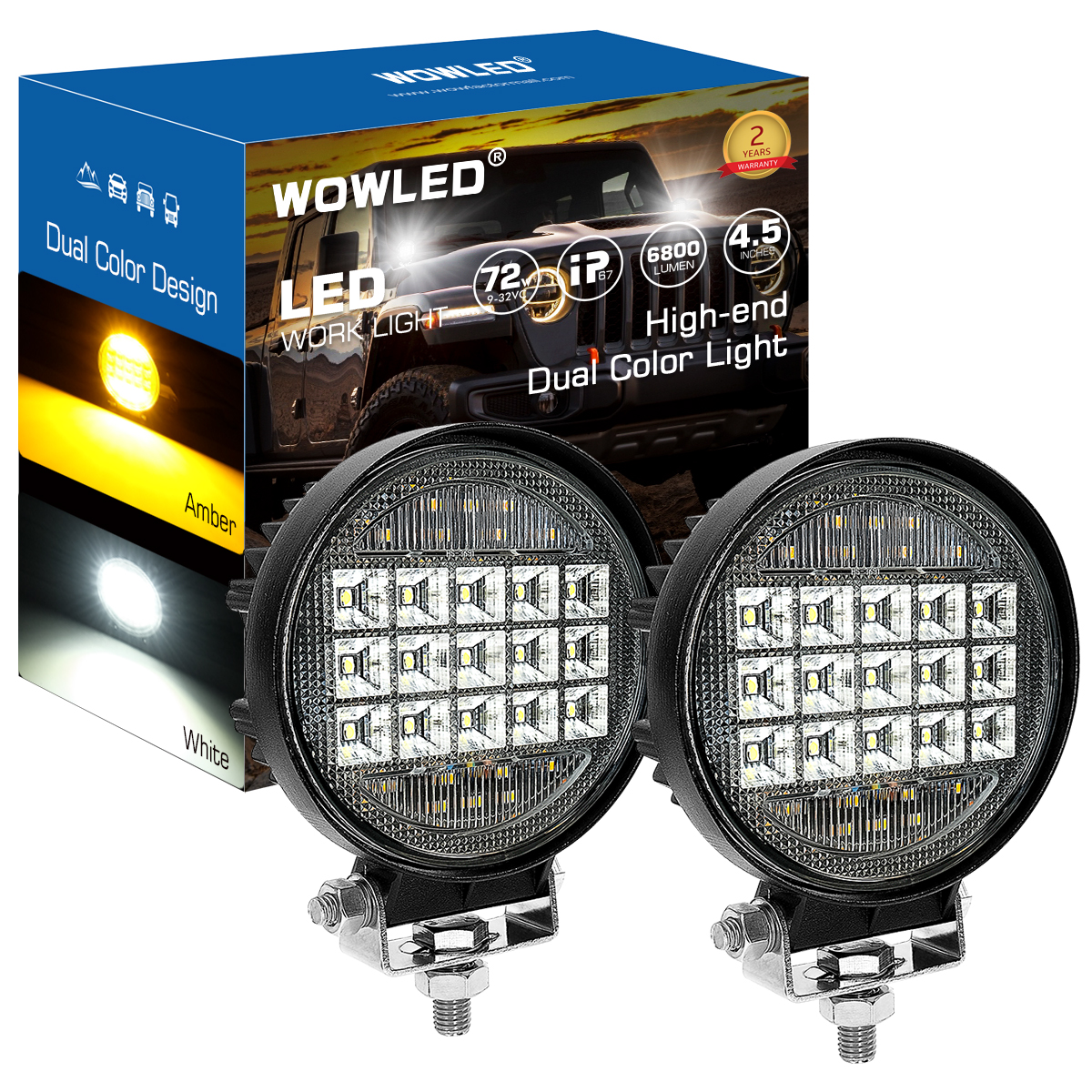 WOWLED Dual Color LED Work Light 2 Pack 4.5 Inch LED Lamp 72W White and Amber Offroad Driving Lamp for Truck SUV UTE 4WD 12V 24V