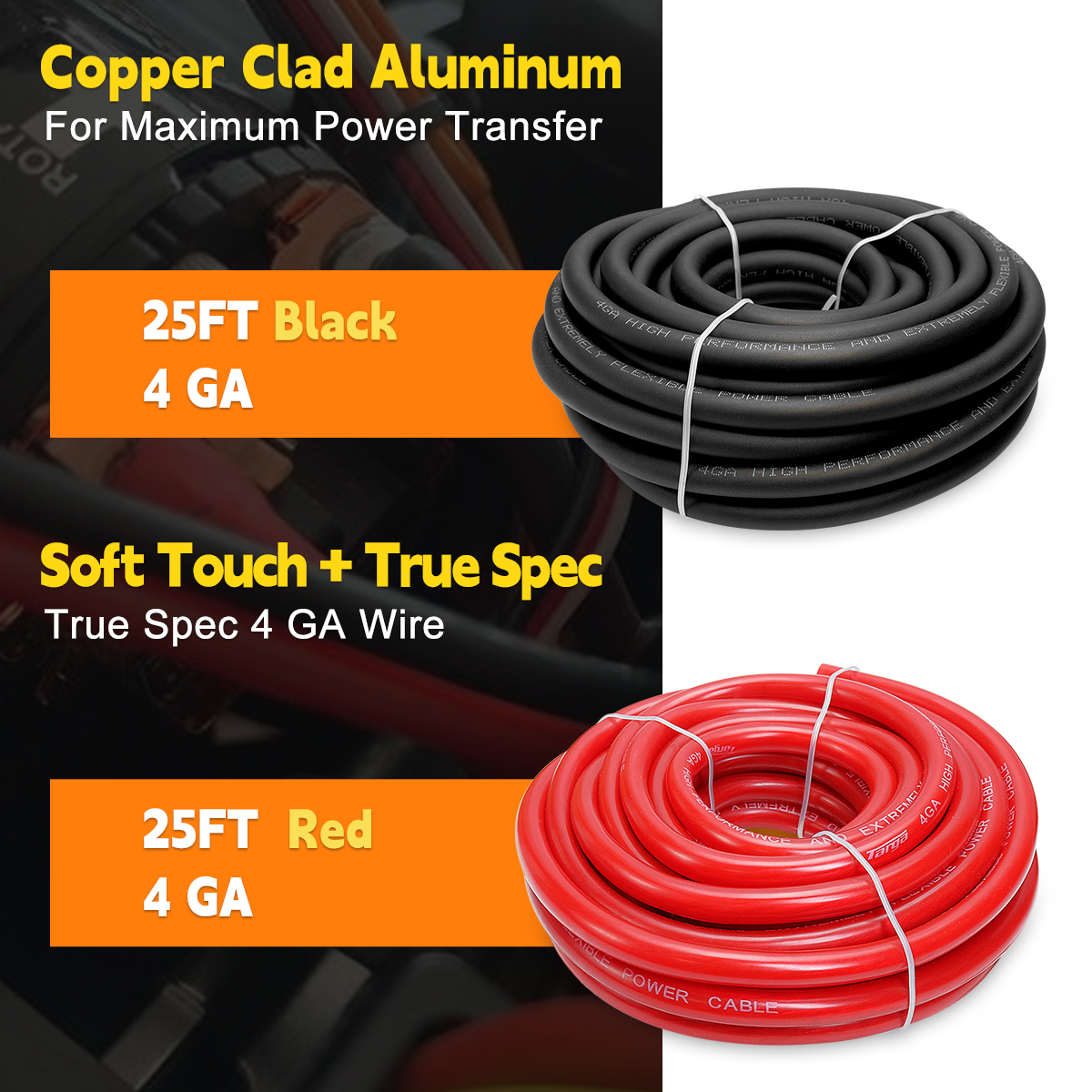 4 Gauge CCA Wire, (25ft Black+25ft Red) Automotive Wire Car Audio Battery Cable, Power/Ground Welding Cable, 4AWG Electrical Wire for Audio RV RC Trailer Speaker Amp 12V