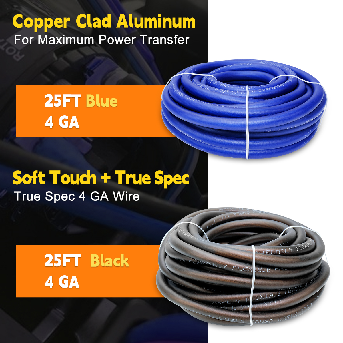 4 Gauge CCA Wire, 25ft Black + 25ft Blue Automotive Power Ground Wiring for Car Audio, Battery Cable, Welding, RV, RC, Trailer, Speaker, Amp, 12V Wire Electric Cable
