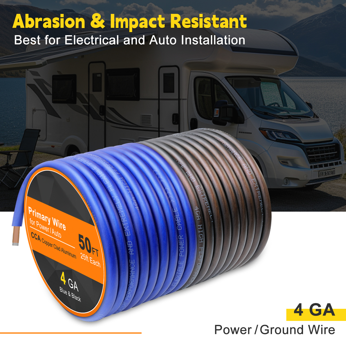 4 Gauge CCA Wire, 25ft Black + 25ft Blue Automotive Power Ground Wiring for Car Audio, Battery Cable, Welding, RV, RC, Trailer, Speaker, Amp, 12V Wire Electric Cable