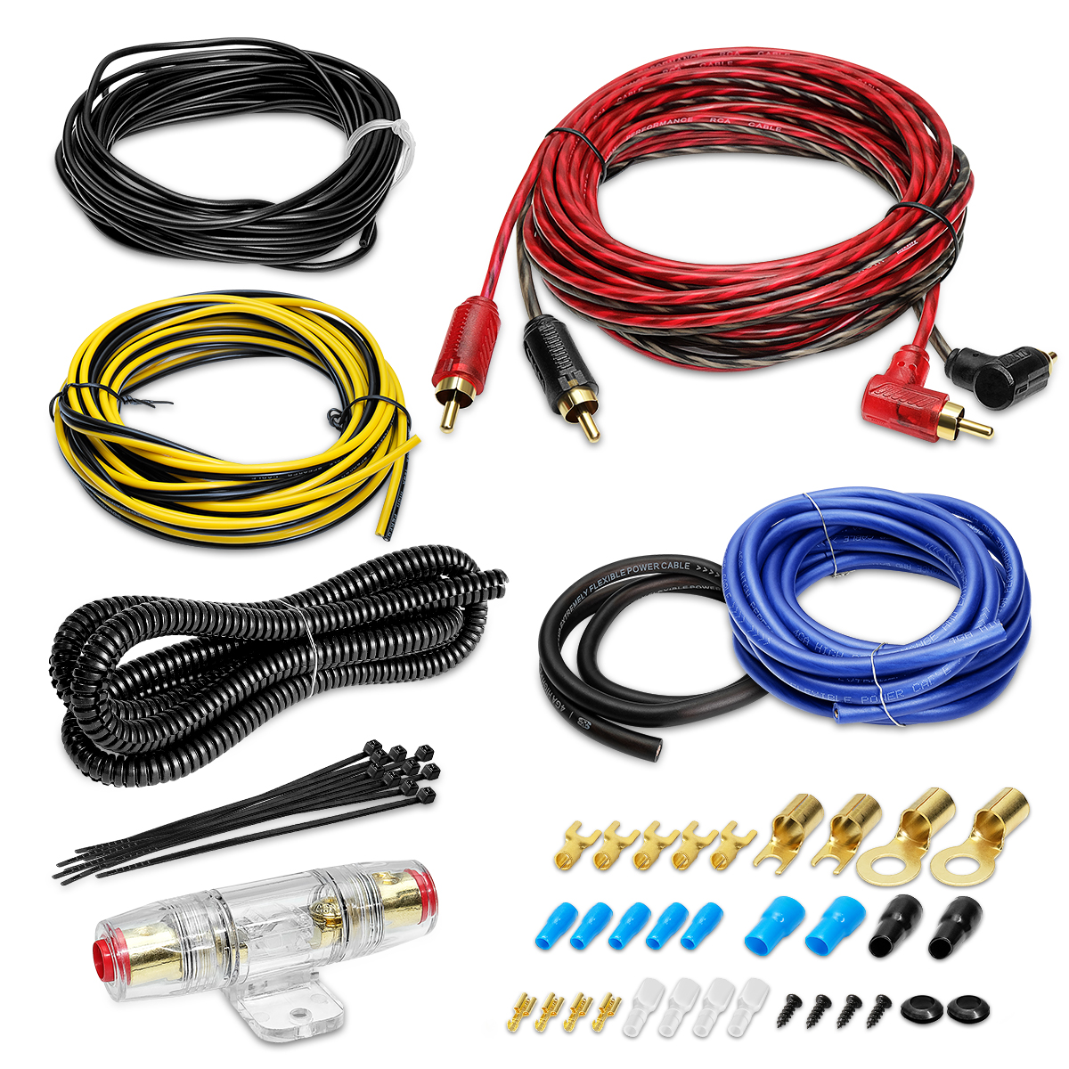 4 Gauge Amp Installation Wiring Kit, Car Amplifier Wiring Kit Power, Ground, Remote Cable, RCA Cable, Speaker Wire, Split Loom Tubing Fuse Holder Subwoofers Speaker Amp Wiring kit