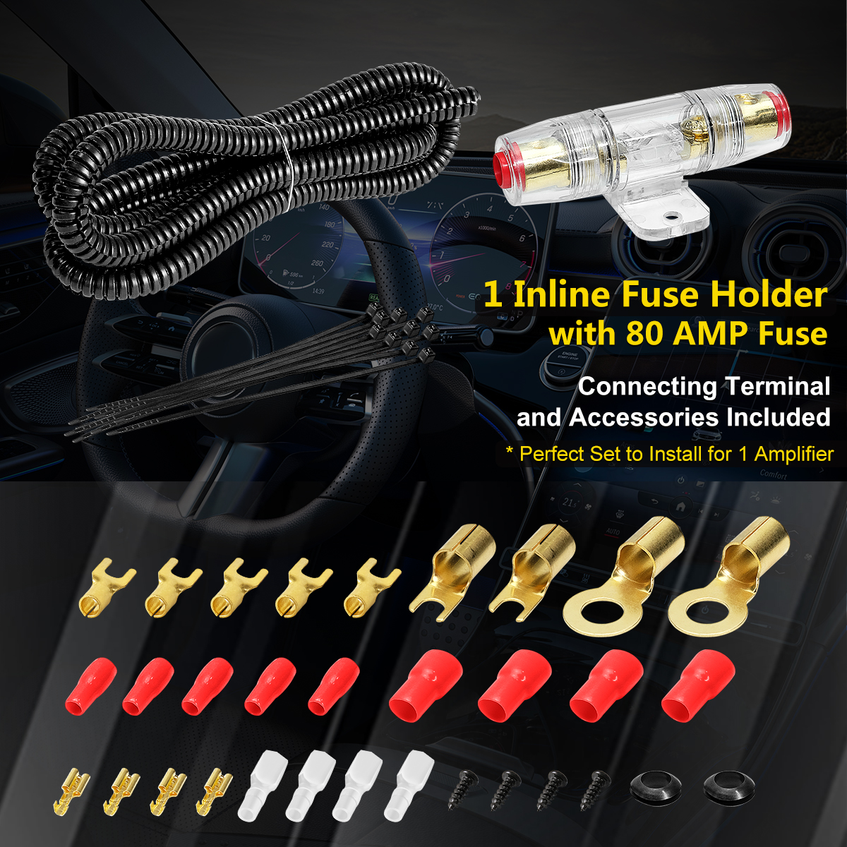 8 Gauge AMP Wiring Kit, 8 AWG Amplifier Car Audio Install Kit, Car Subwoofer Cable, Connection for Subwoofer & Speaker, with Power Ground Cable, RCA, Remote, Fuse Holder, Terminals