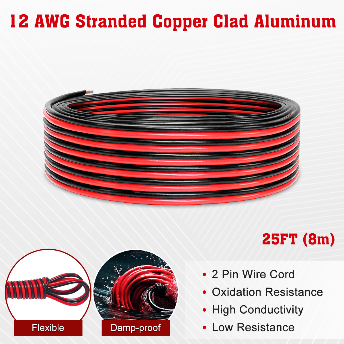 12 Gauge CCA Wire, 50FT [Black 25FT+ Red 25FT] Automotive 2 Core Cable, Car Audio Battery Electrical Cord With PVC Jacket for Light RV Amp Speaker 12V 24V DC