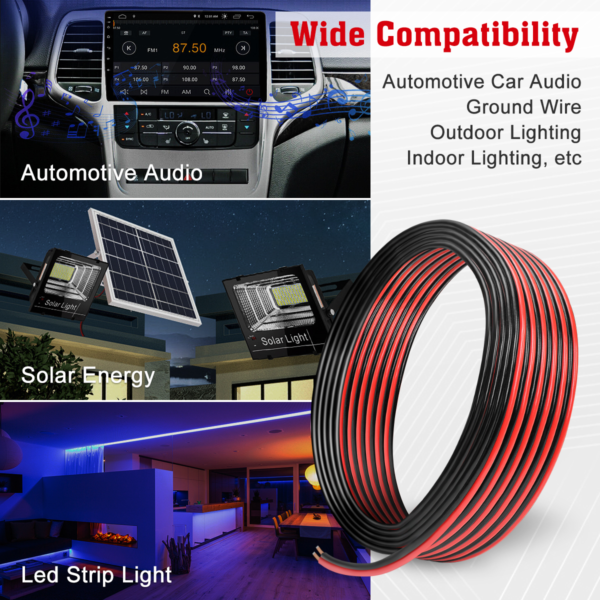 12 Gauge 50FT Electrical Wire Cable, CCA Wire 2 Conductors Red Black, 12AWG Copper Clad Aluminum, 12V/24V DC, LED Lighting, Automotive Wiring