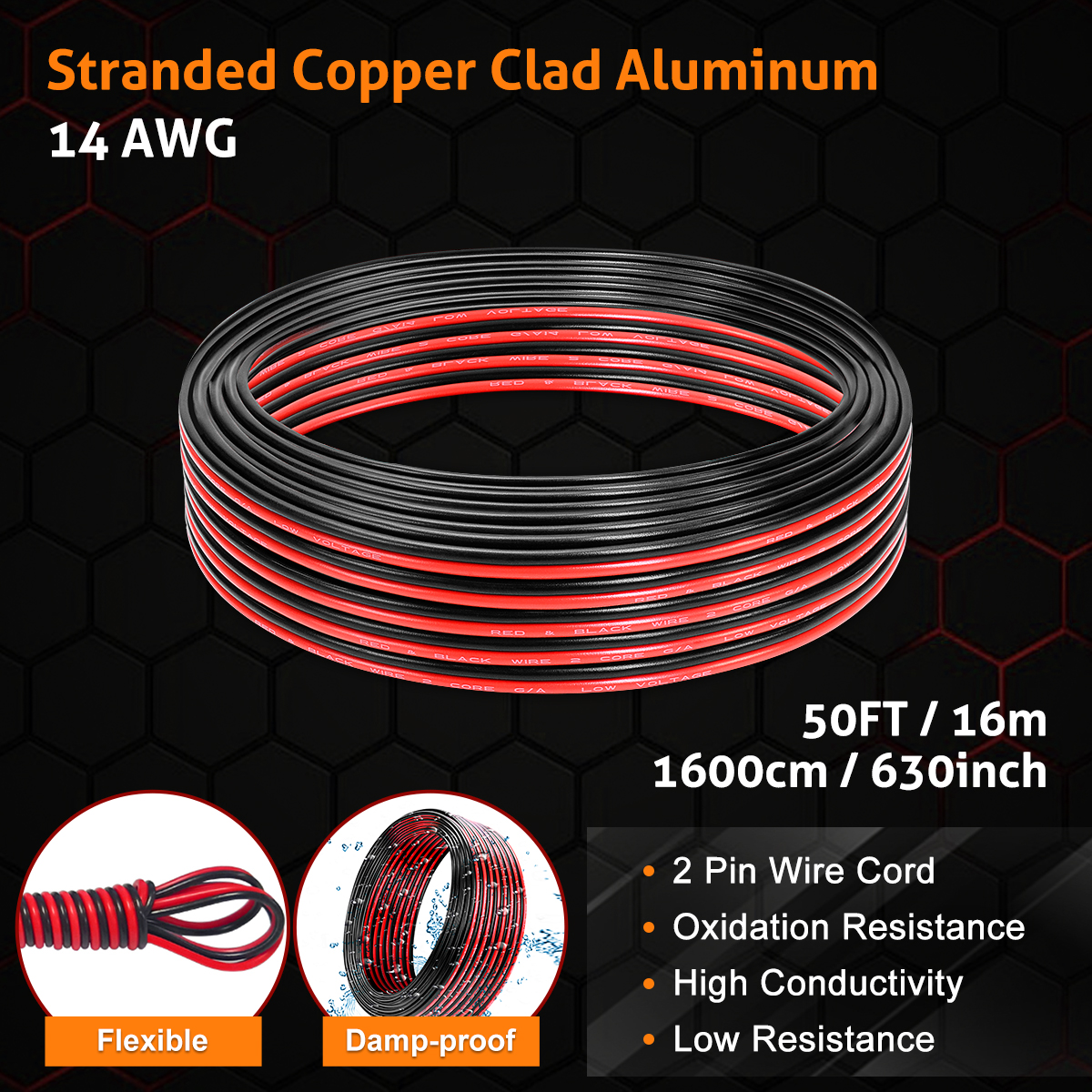 14 AWG CCA Wire Cable, 100FT [Black 50FT+ Red 50FT] CCA Automotive Electrical Wire, 2Pin Black and Red Car Audio Battery Cable PVC Jacket Cord for Light RV Car Speaker 12V 24V DC Cable Welding Wire