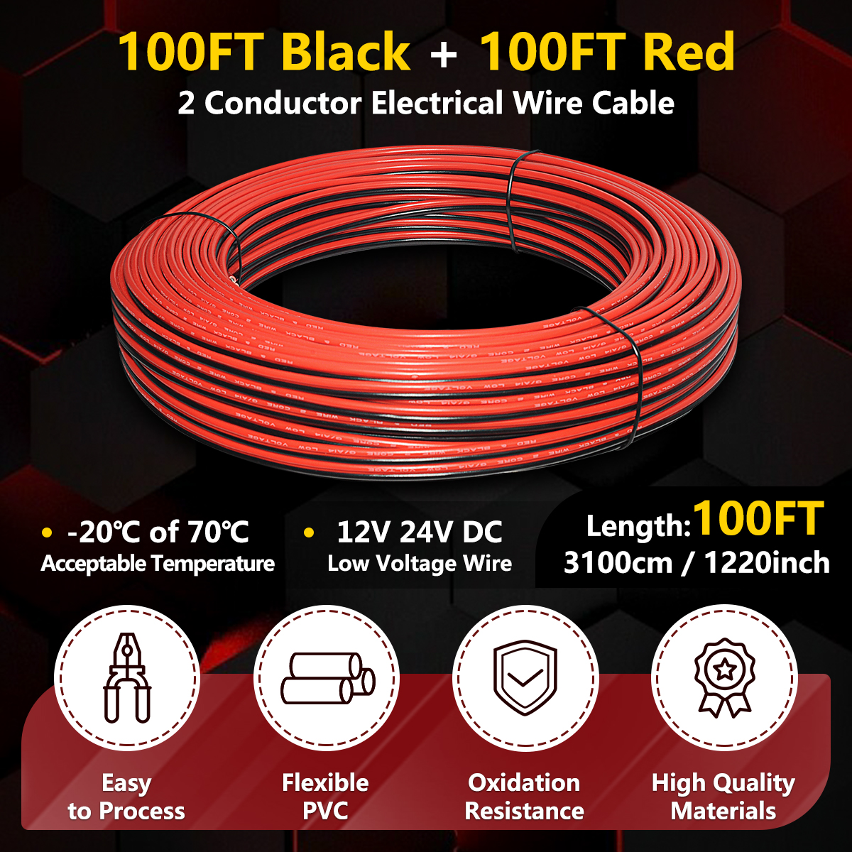14AWG Electrical Wire Cable, 2 Conductors (100FT Red +100FT Black) PVC Cable Hookup Flexible Extension Cord for LED Strips Light Copper Clad Aluminum Copper Wire, Automotive 12V/24V DC Cable