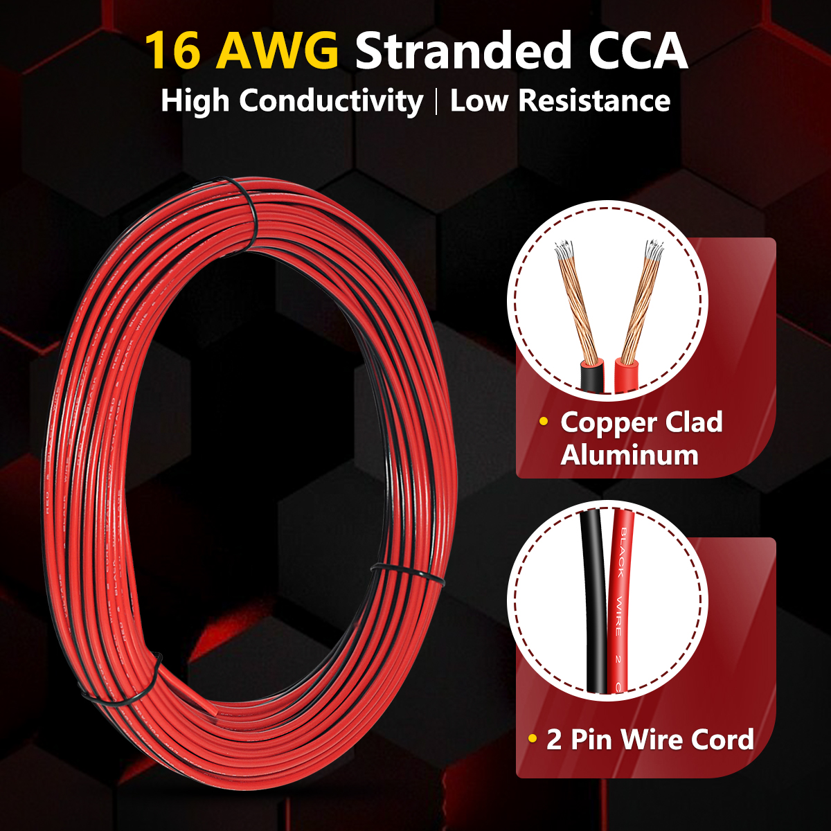 16 AWG Wire Cable, 100FT [Black 50FT+ Red 50FT] CCA Automotive Electrical Wire, 2 Conductor Black Red Cord with PVC Jacket for Light RV Car Speaker Cable, 12V/24V DC Wire