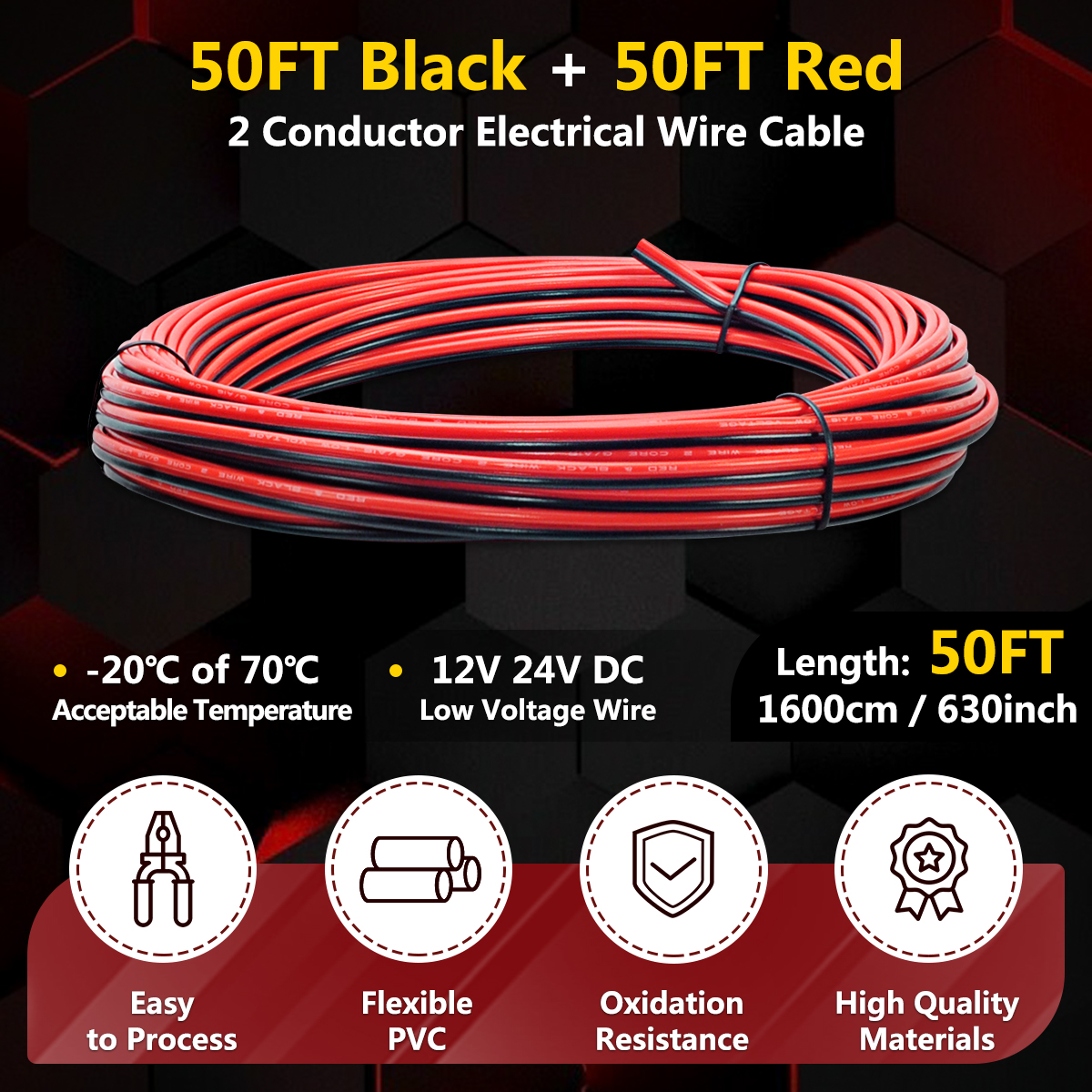 16 AWG Wire Cable, 100FT [Black 50FT+ Red 50FT] CCA Automotive Electrical Wire, 2 Conductor Black Red Cord with PVC Jacket for Light RV Car Speaker Cable, 12V/24V DC Wire