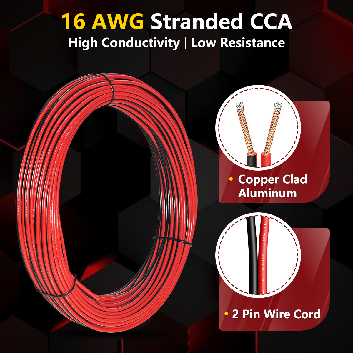 16 Gauge PVC Wire, 100FT Red Black 2 Conductors Automotive CCA, Car Battery Cable, Power/Ground, Welding, Audio Speaker Amp, RC, DC 12V 24V