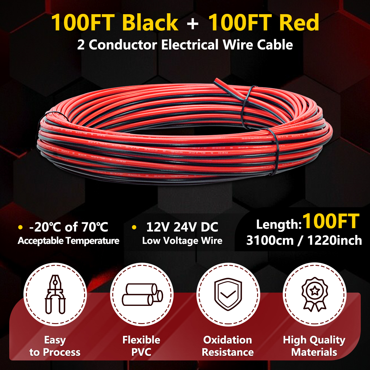 16 Gauge PVC Wire, 100FT Red Black 2 Conductors Automotive CCA, Car Battery Cable, Power/Ground, Welding, Audio Speaker Amp, RC, DC 12V 24V