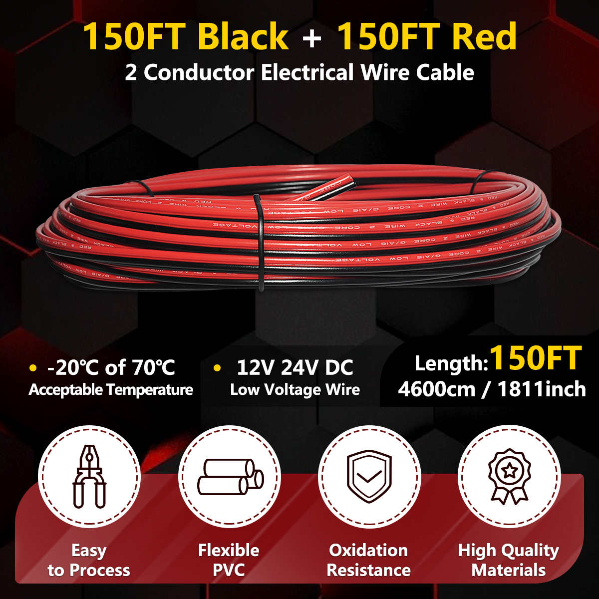 Electrical Wire 2 Conductor PVC Wire, 16 Gauge 150FT Red Black Flexible Extension Cable Cord Stranded CCA Copper Wire Hookup Model Strip Light, Battery Cable Lead for Auto Audio Wiring Speaker DC 12V