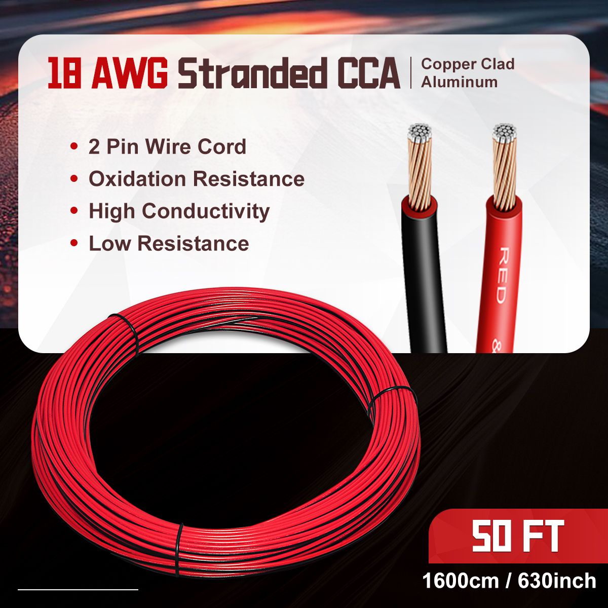 18 Gauge Electrical Wire, 100FT (50FT Red + 50FT Black) Flexible Red Black 2 Pin Stranded PVC Wire Extension Cable Cord CCA Copper Wire Hookup for LED Strip Lights Auto Motor Wiring DC 12V 24V
