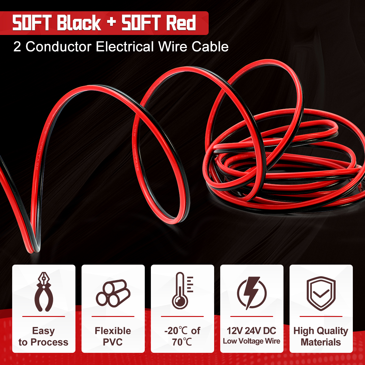 18 Gauge Electrical Wire, 100FT (50FT Red + 50FT Black) Flexible Red Black 2 Pin Stranded PVC Wire Extension Cable Cord CCA Copper Wire Hookup for LED Strip Lights Auto Motor Wiring DC 12V 24V