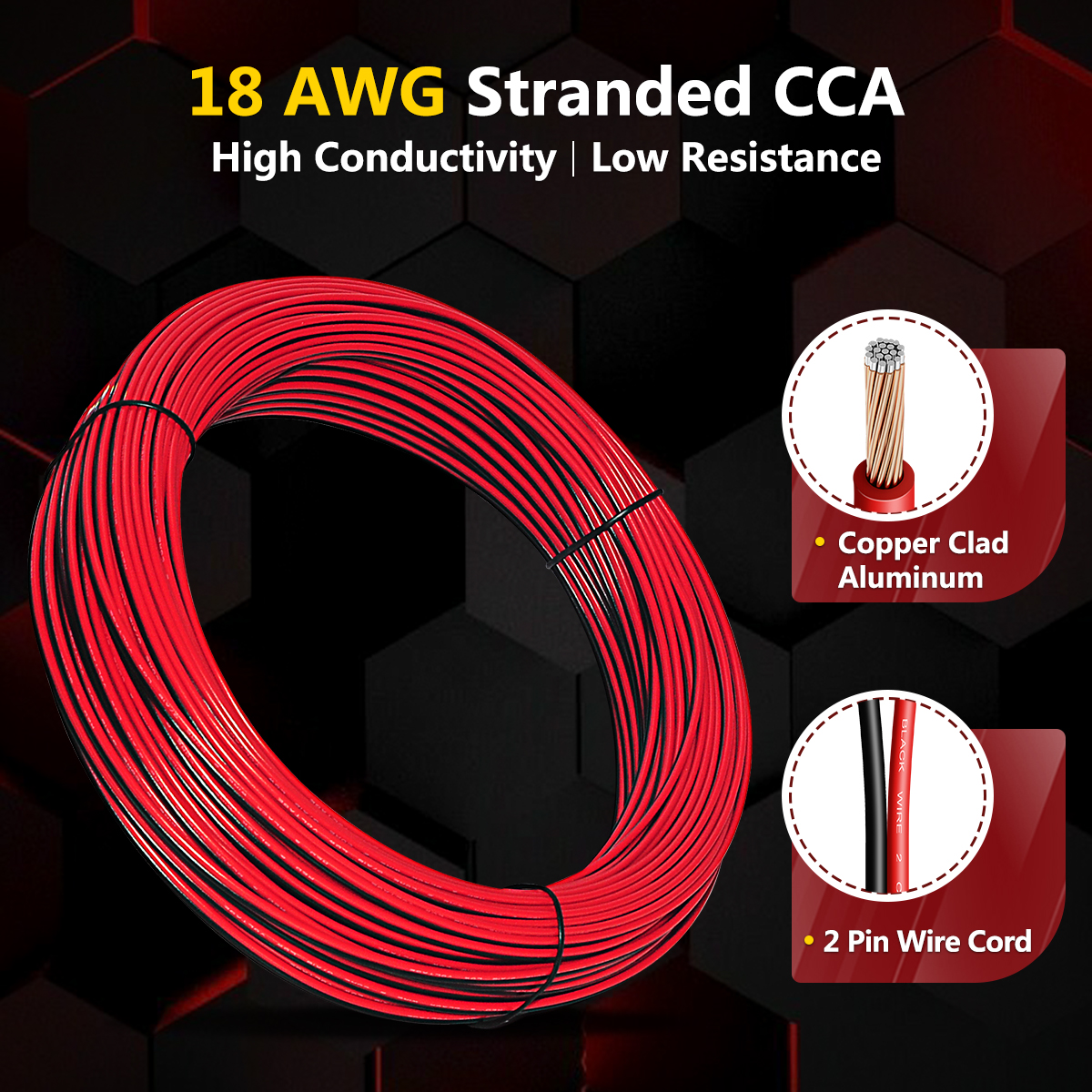 18 Gauge Electrical Wire Cable 100FT, Flexible Red Black 2 Conductors Automotive CCA Wire, 18 AWG 2 Cord Low Voltage Extension Wire Cable for Strip Light Speaker DC 12V