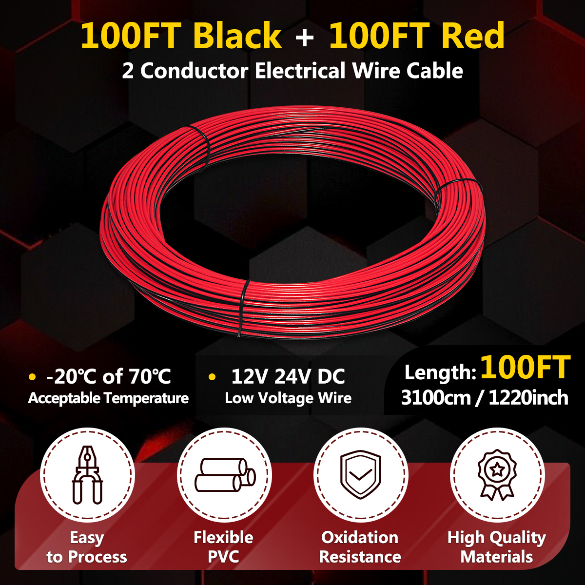 18 Gauge Electrical Wire Cable 100FT, Flexible Red Black 2 Conductors Automotive CCA Wire, 18 AWG 2 Cord Low Voltage Extension Wire Cable for Strip Light Speaker DC 12V