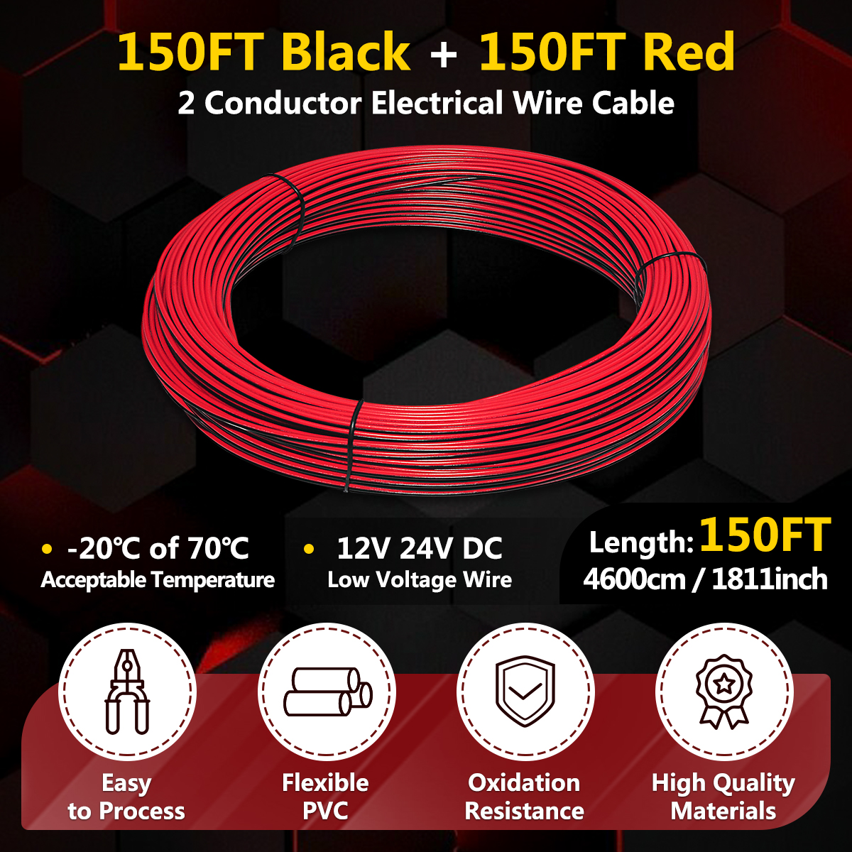 18 Gauge Electrical Extension Cable, 150FT / 46m Flexible Soft Red Black 2 Pin 18 AWG CCA Wire, 2 Cord Low Voltage Extension Wire for LED Strip Lights Auto Motor Wiring DC 12V
