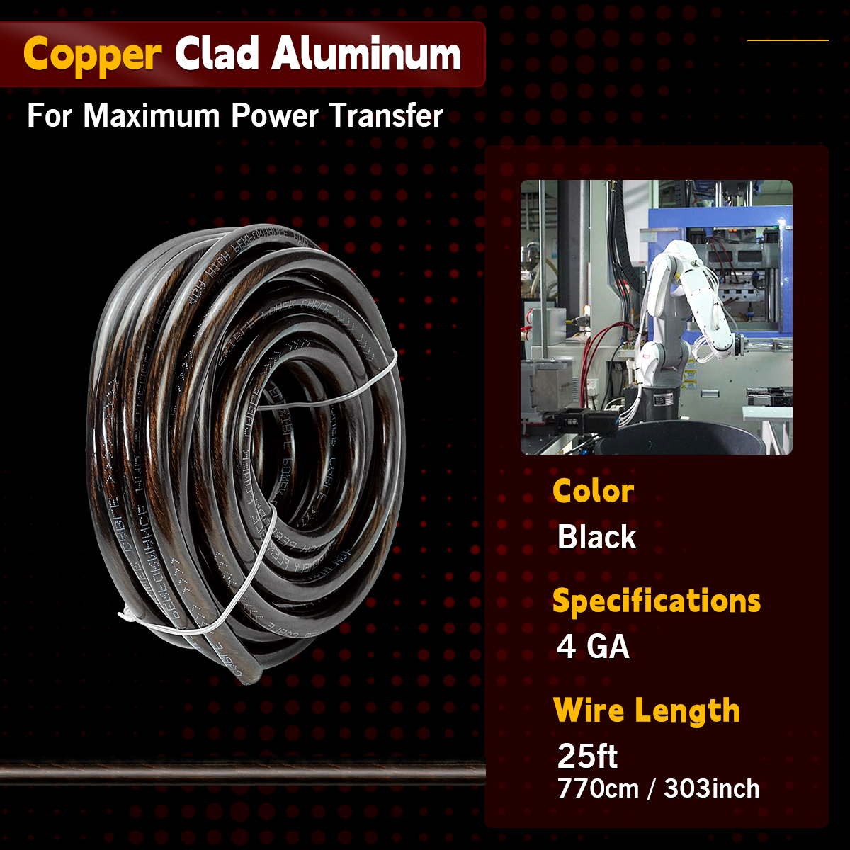 4 Ga Automotive Wire, Heavy Duty 12V 25FT Black Power Cable for Car Audio, Battery Marine Electrical Wiring, Flexible Silicon Insulated Copper Clad Aluminum (CCA) automotive wire for Amp RV RC Car