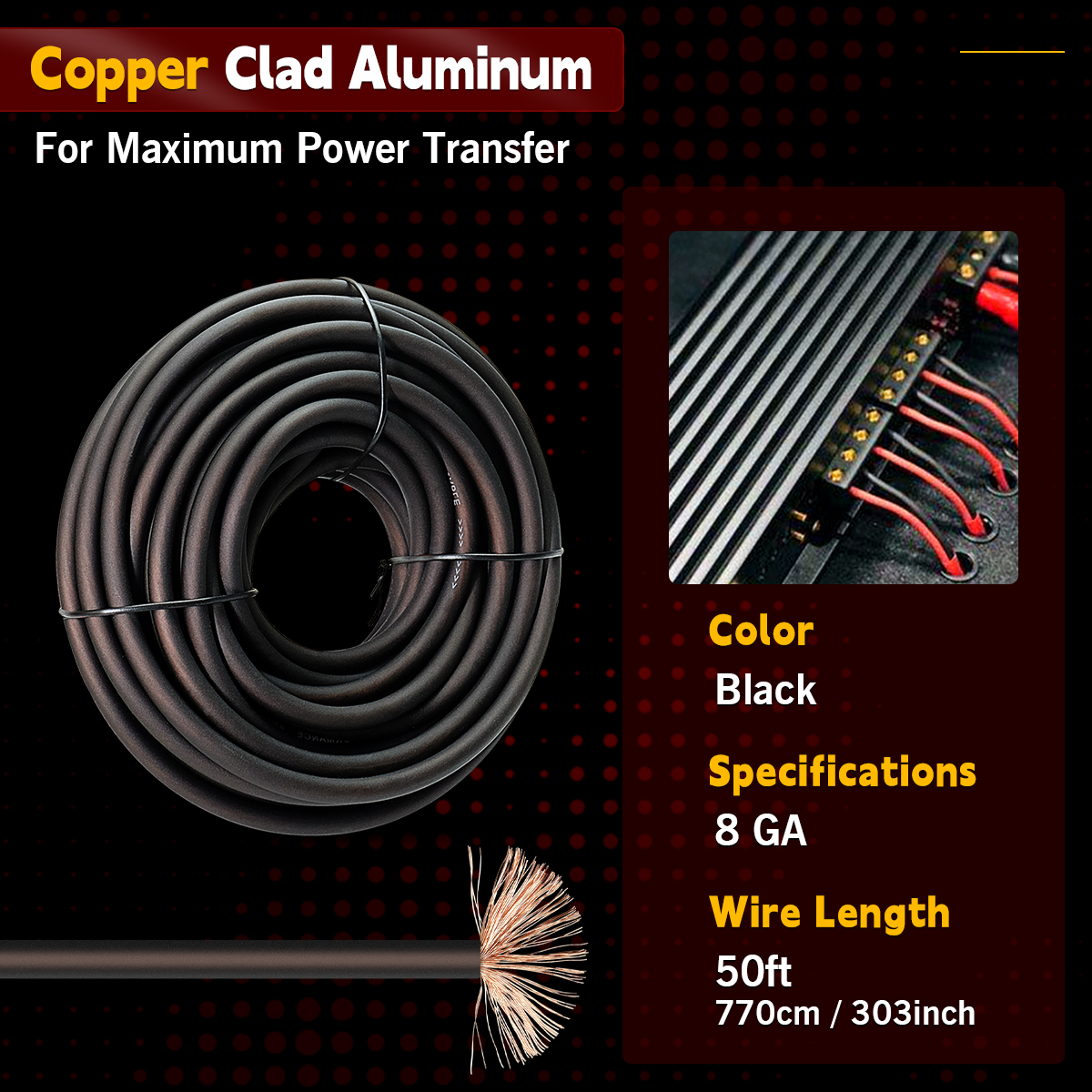 8 AWG Black Car Amp Wire 25FT, 12V Silicon CCA Power Cable for Car Audio Amplifiers, Power Battery Automotive Electrical Wire Flexible Durable 8 Gauge Electrical Wire for Amp Speaker RV