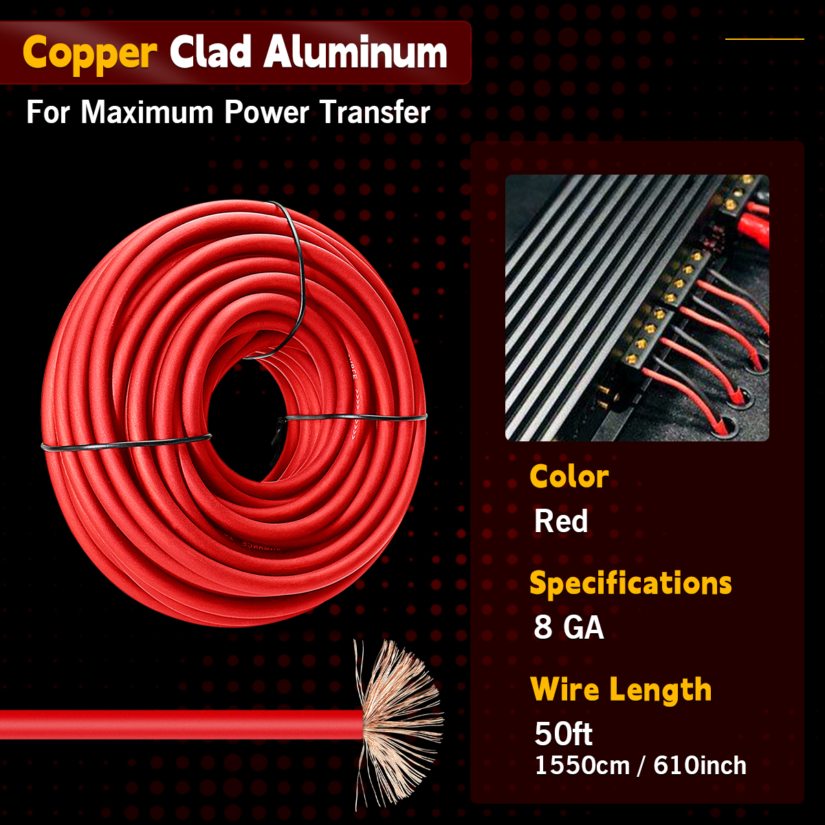 8 Gauge CCA Wire Silicon Red 50FT, 12V 24V Low Voltage Electrical Wire for Car Automotive Power/Ground Battery Cable, Flexible Durable Copper Clad Aluminum (CCA) Wire for Car Audio Amp RV (50FT Red)
