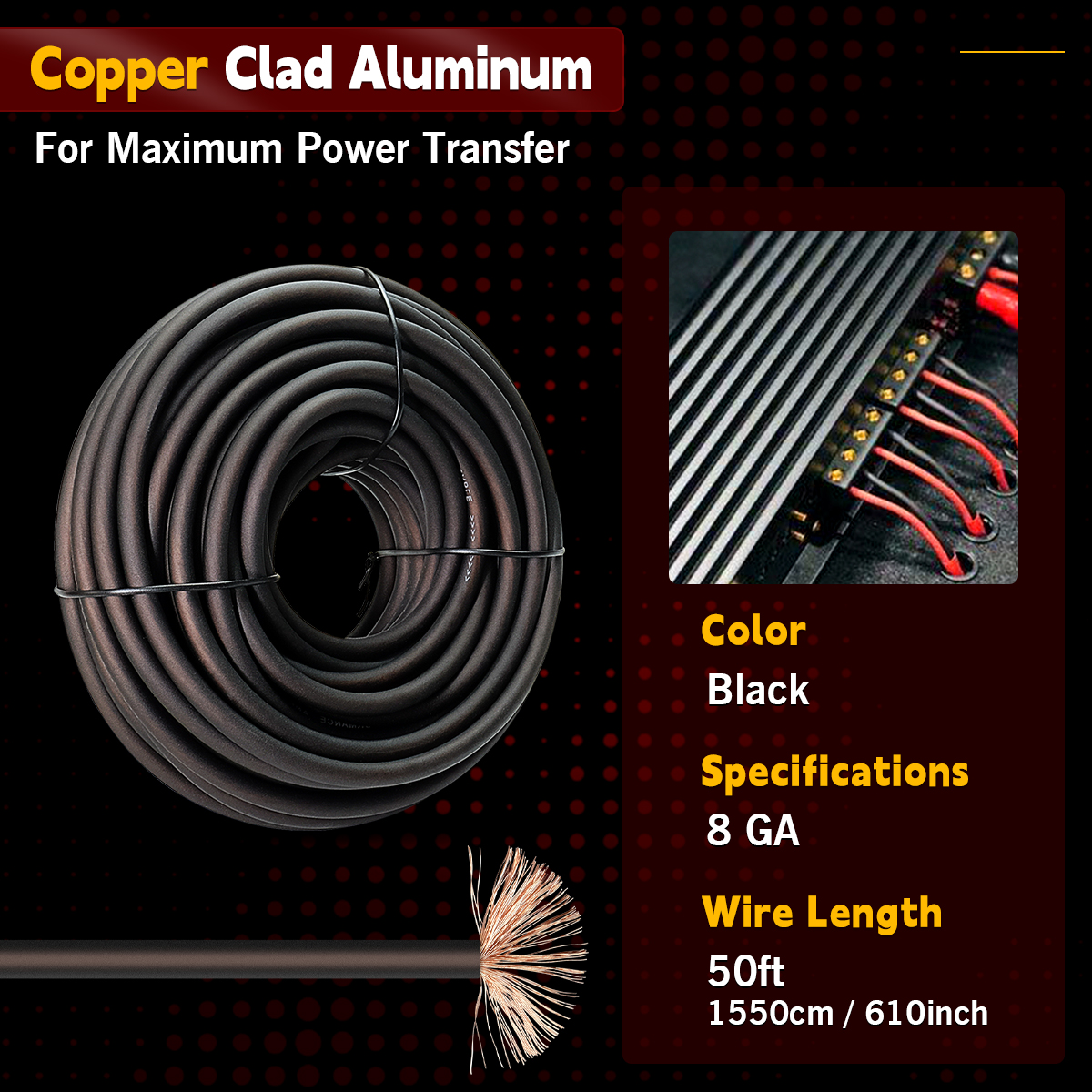 8 AWG Black Battery Cable, 50FT 12V CCA Wire for Car Audio Speaker, Silicon Flexible Electrical Wire for Automotive Car Amplifiers Low Voltage Power Cable 15.5m (Black)