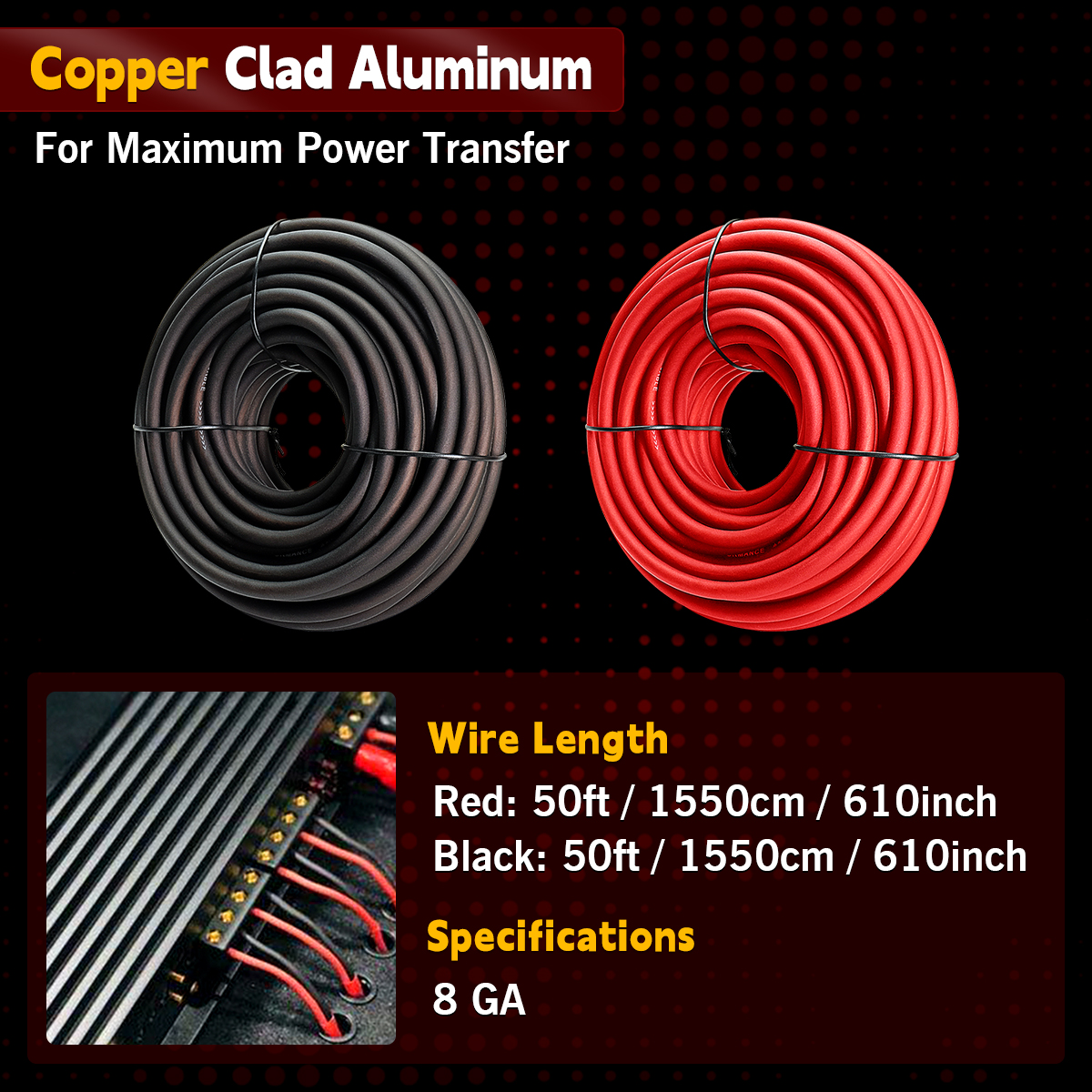 8 Gauge CCA Car Amplifier Wire Cable (50ft Black/Red) – 12V Battery Cable for Automotive Audio Systems, Copper Clad Aluminium CCA Wire, Flexible Silicon Electrical Wiring for Car Trucks Amp