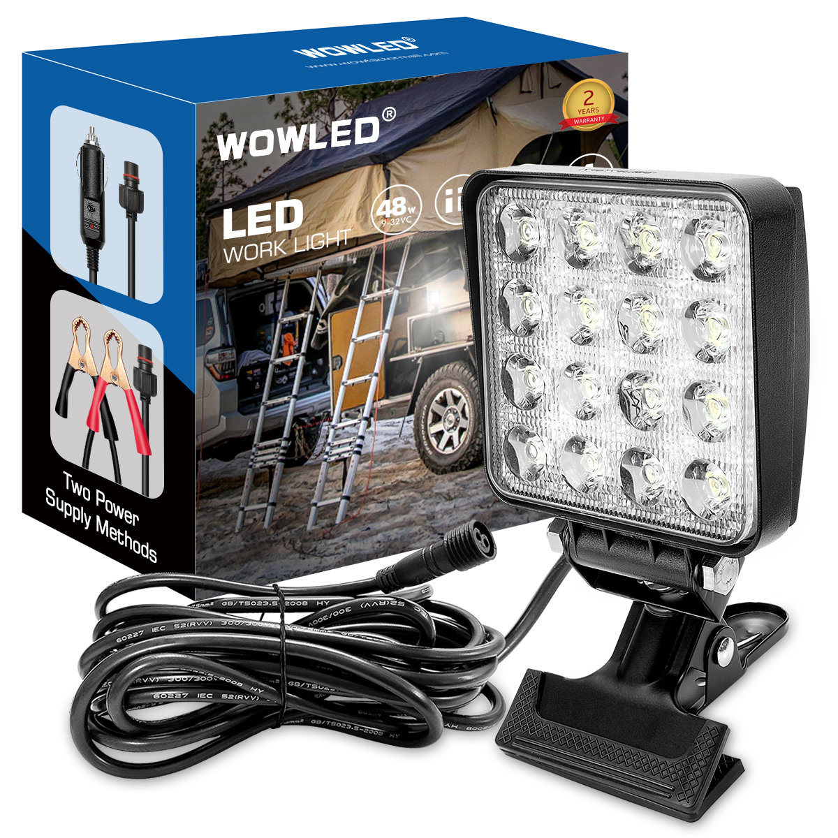 WOWLED LED Work Light Spotlight with Clip, 2 Way Power Portable Super Bright Headlights with Clamp, Boat Spreader 48W Marine Lights for Jon Fishing T-Top Dock Truck Car Lights 4X4 SUV 4WD 12V 24V